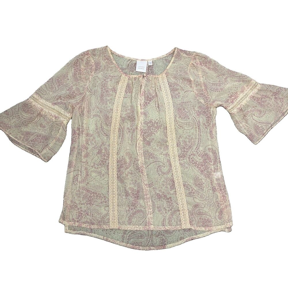 Lauren Conrad Paisley Boho Blouse Women’s Large Pink Peasant Festival Sheer Top